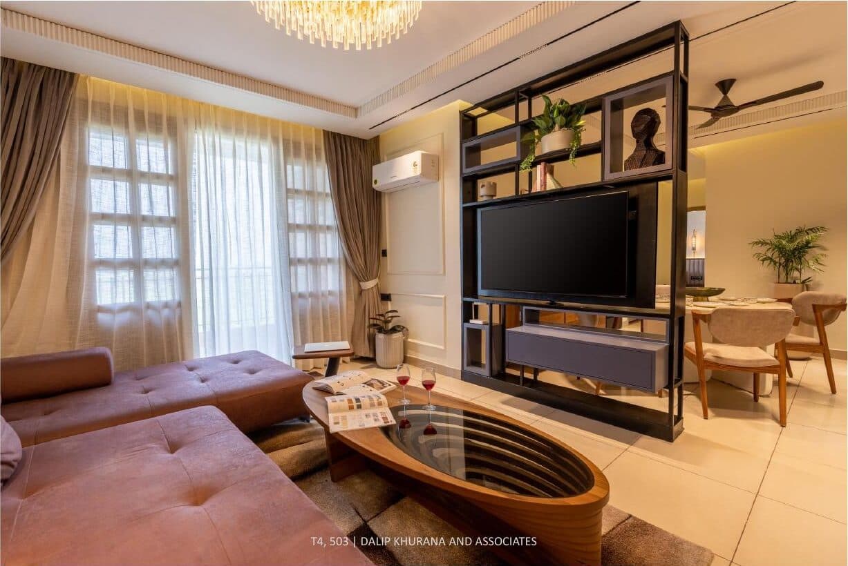 Penthouse living room with a built-in timber entertainment wall