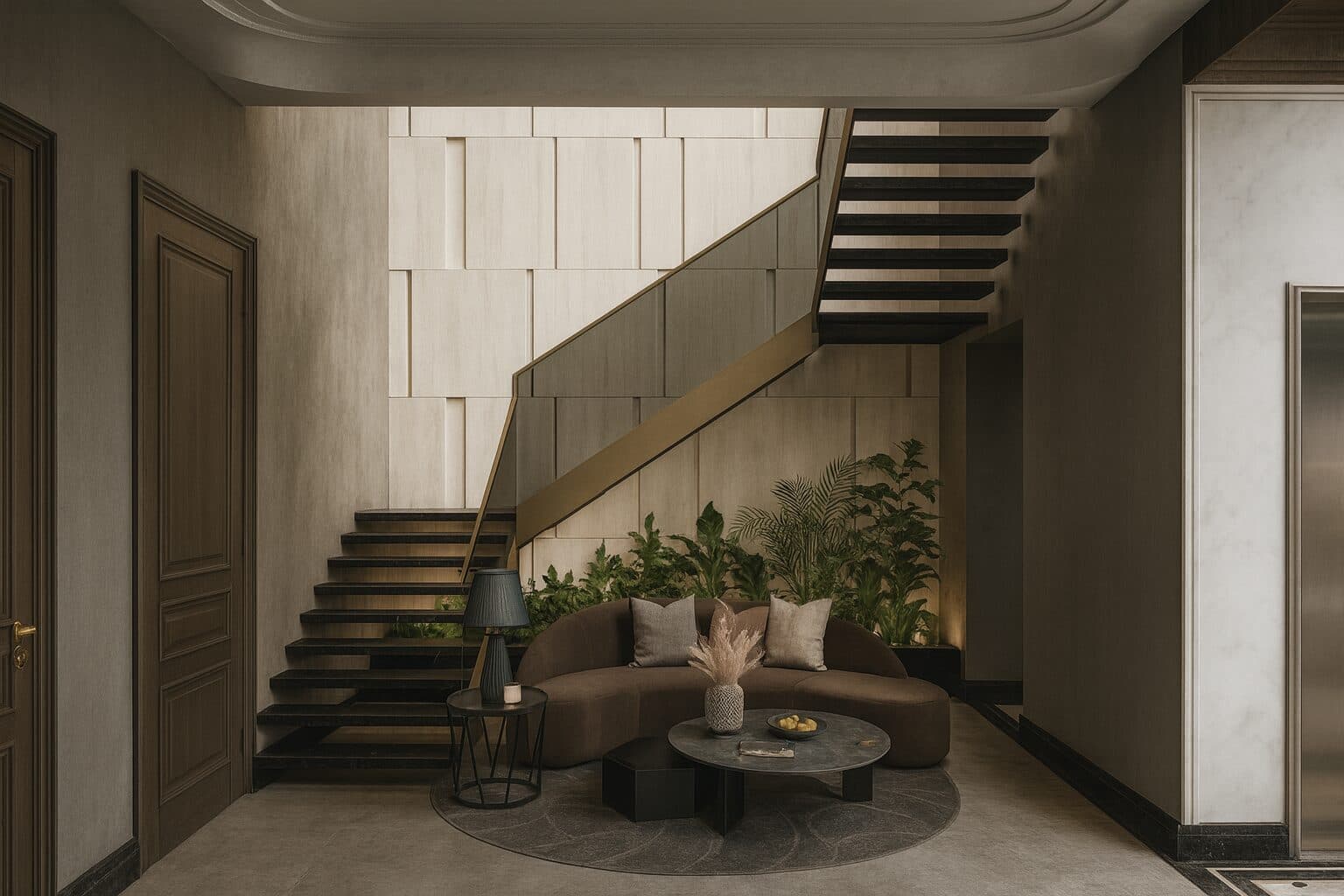 Render of the living room beside the staircase