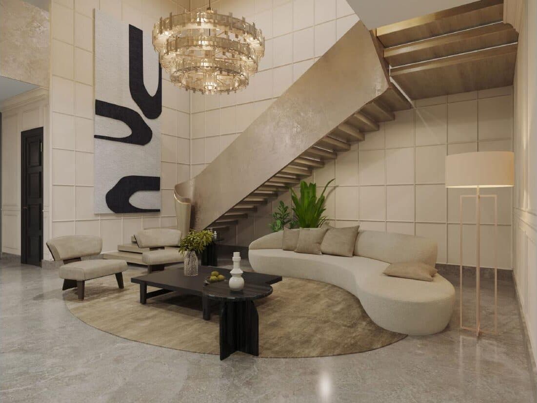 Lounge beside the sculptural staircase