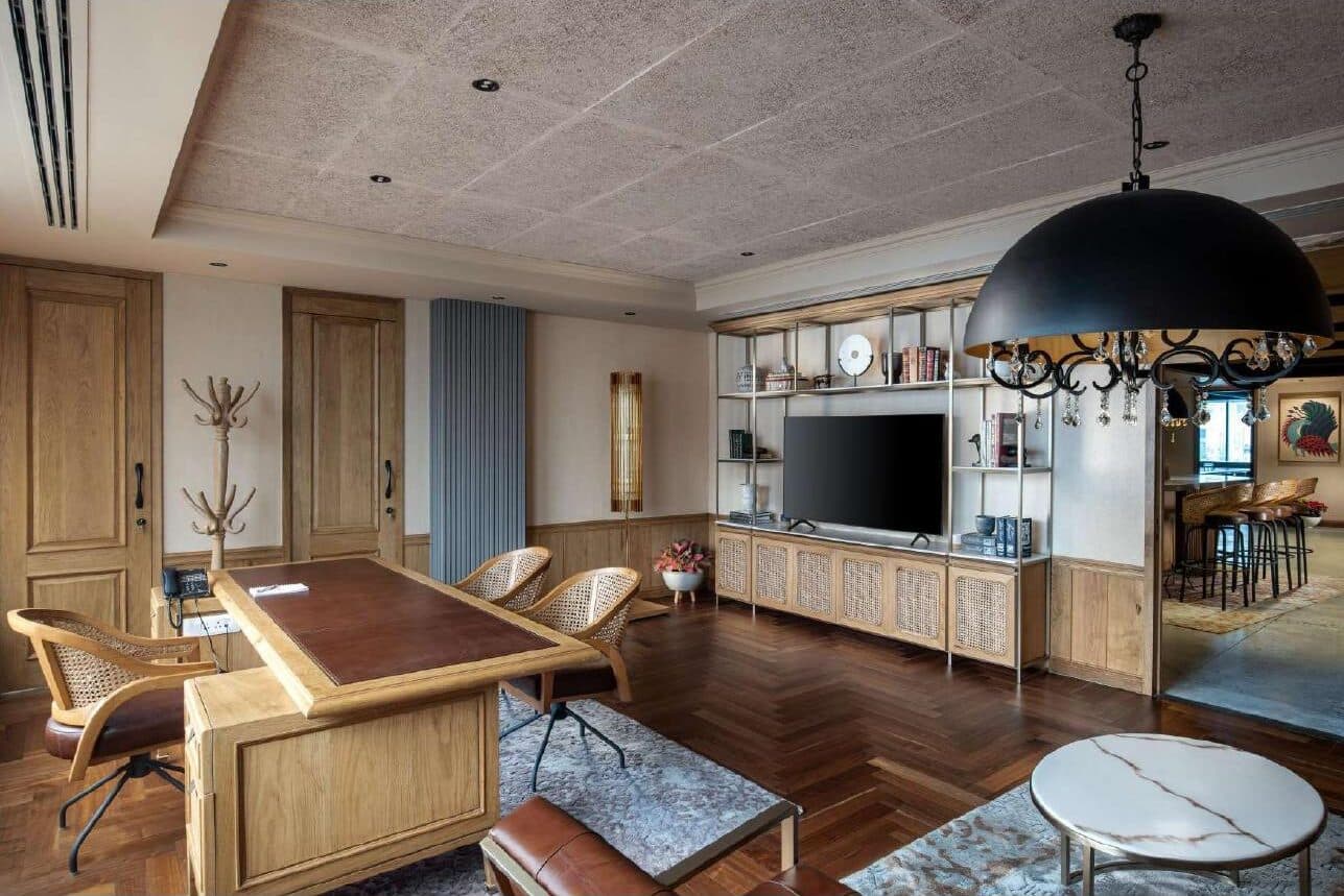 Open-plan timber-lined workspace