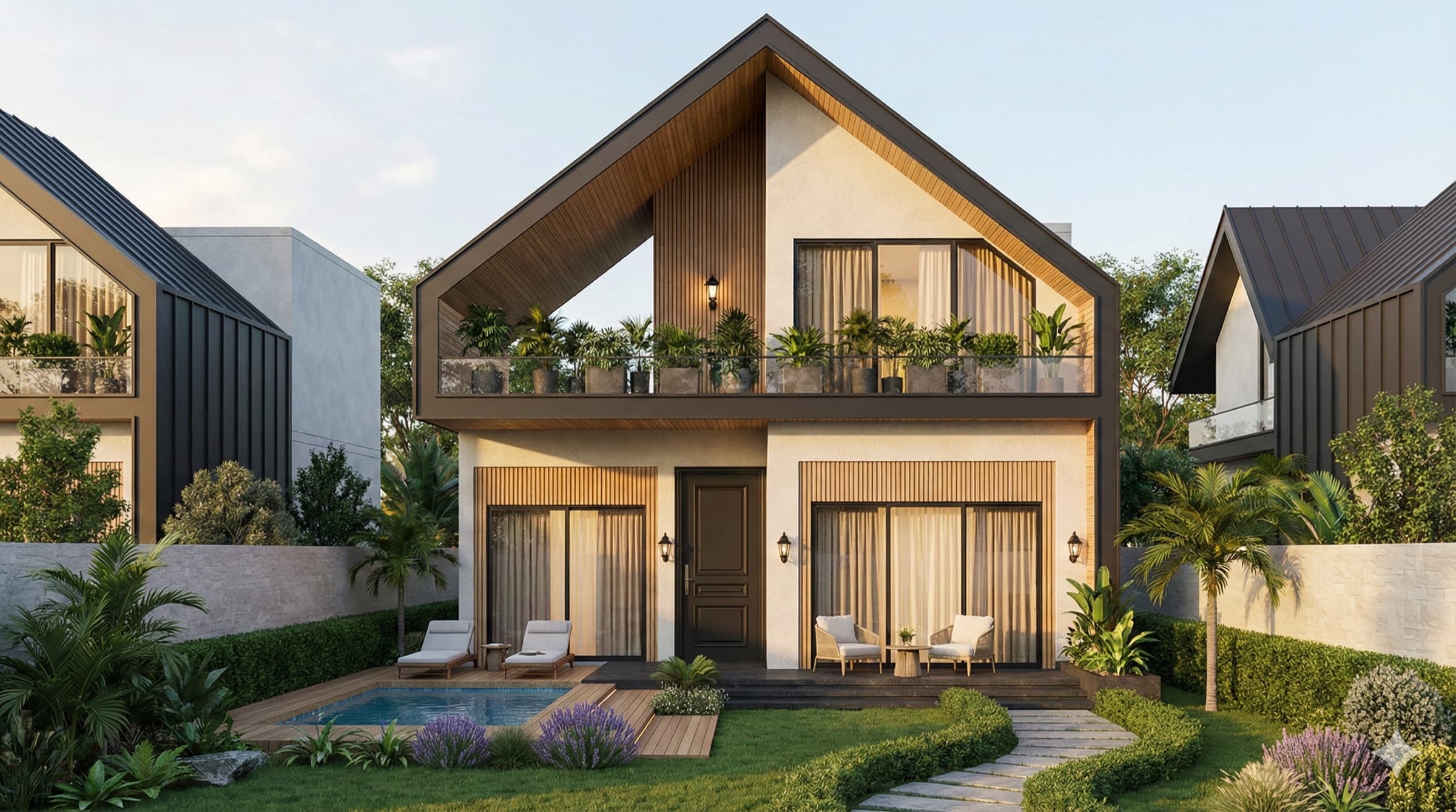 Render of the second farmhouse with a timber-clad gable, pool court, and verandah