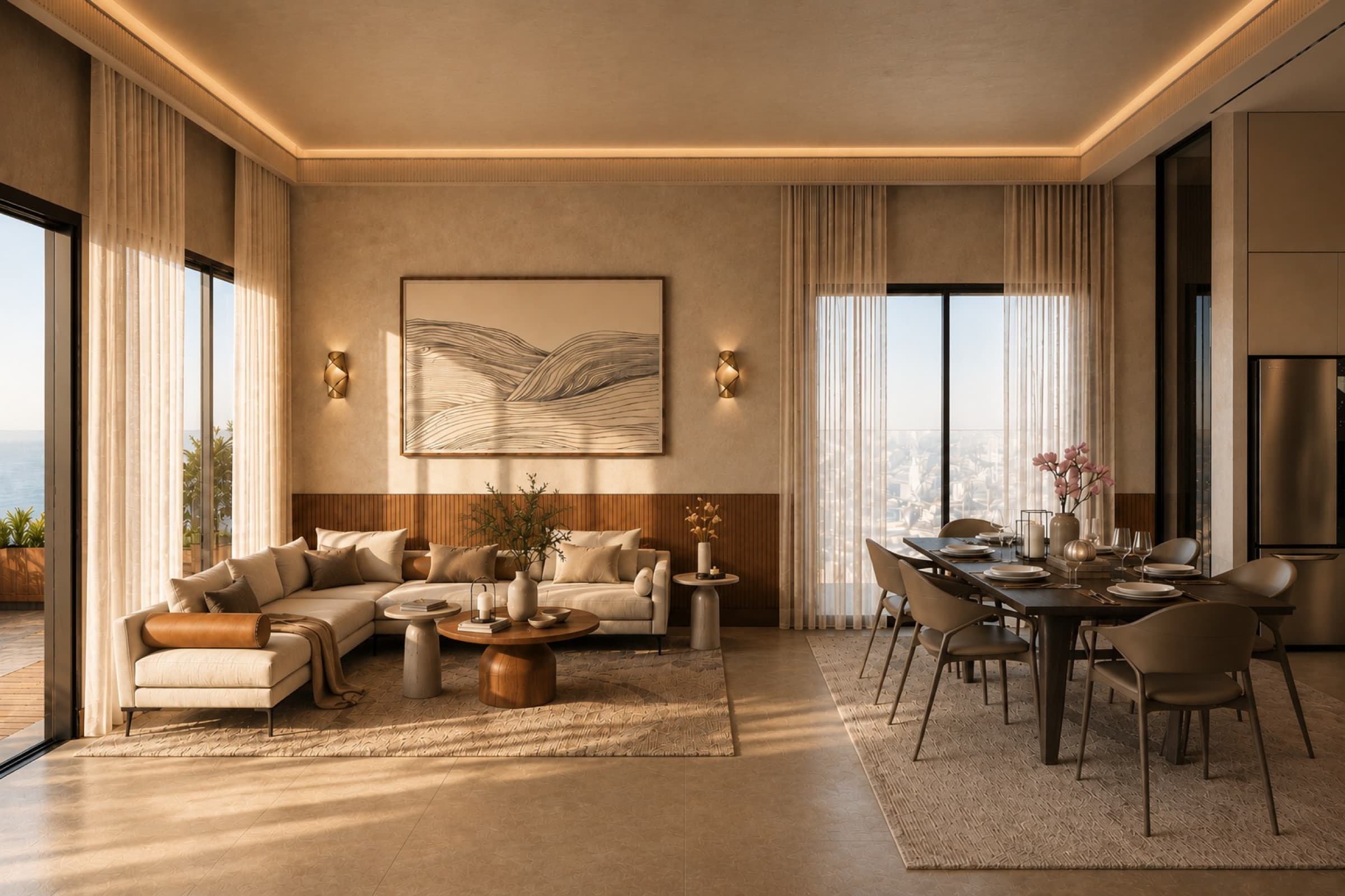 Warm living and dining room in earth tones with large garden-facing windows