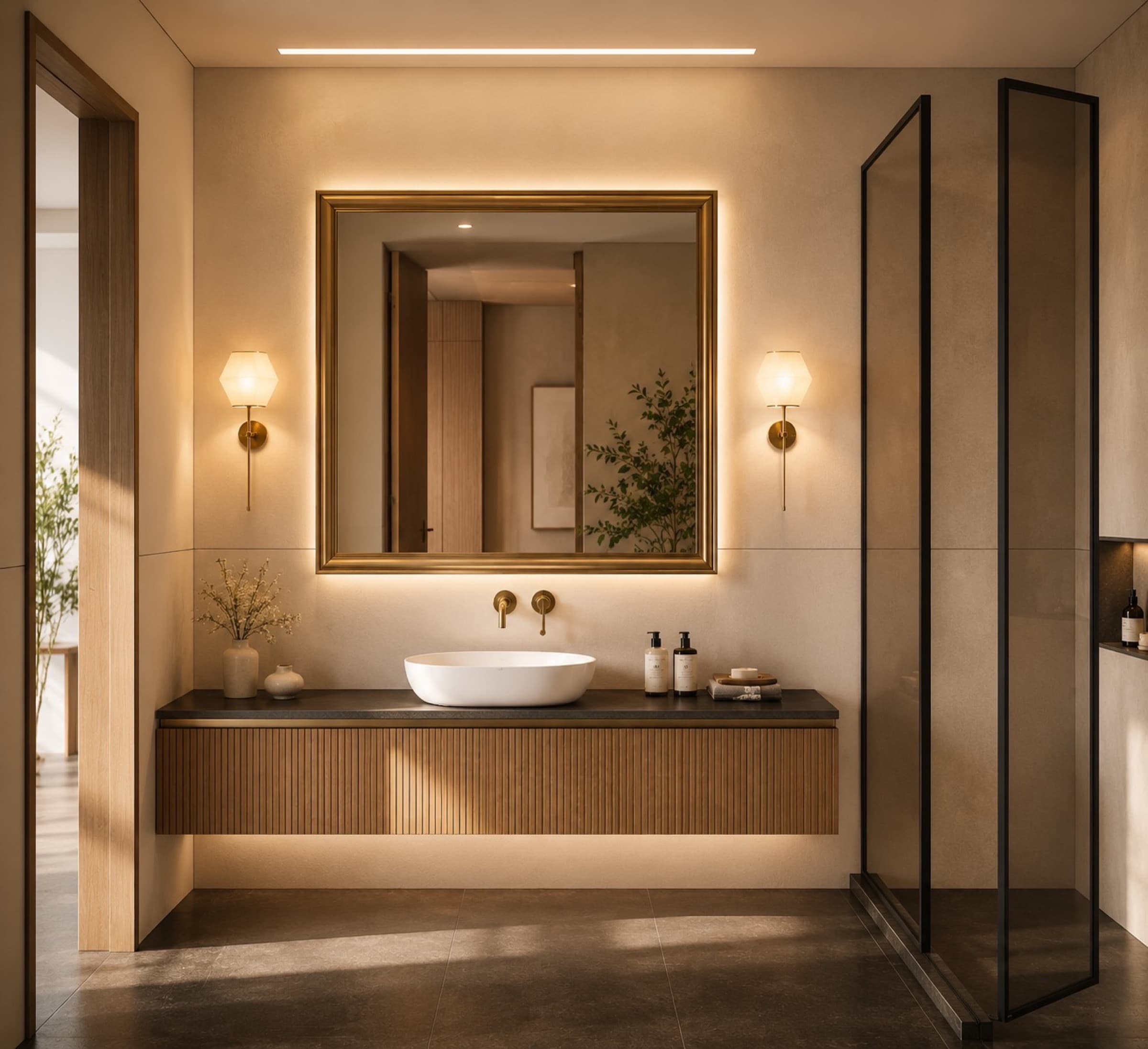 Bathroom with a backlit mirror, fluted timber vanity, and a glass shower