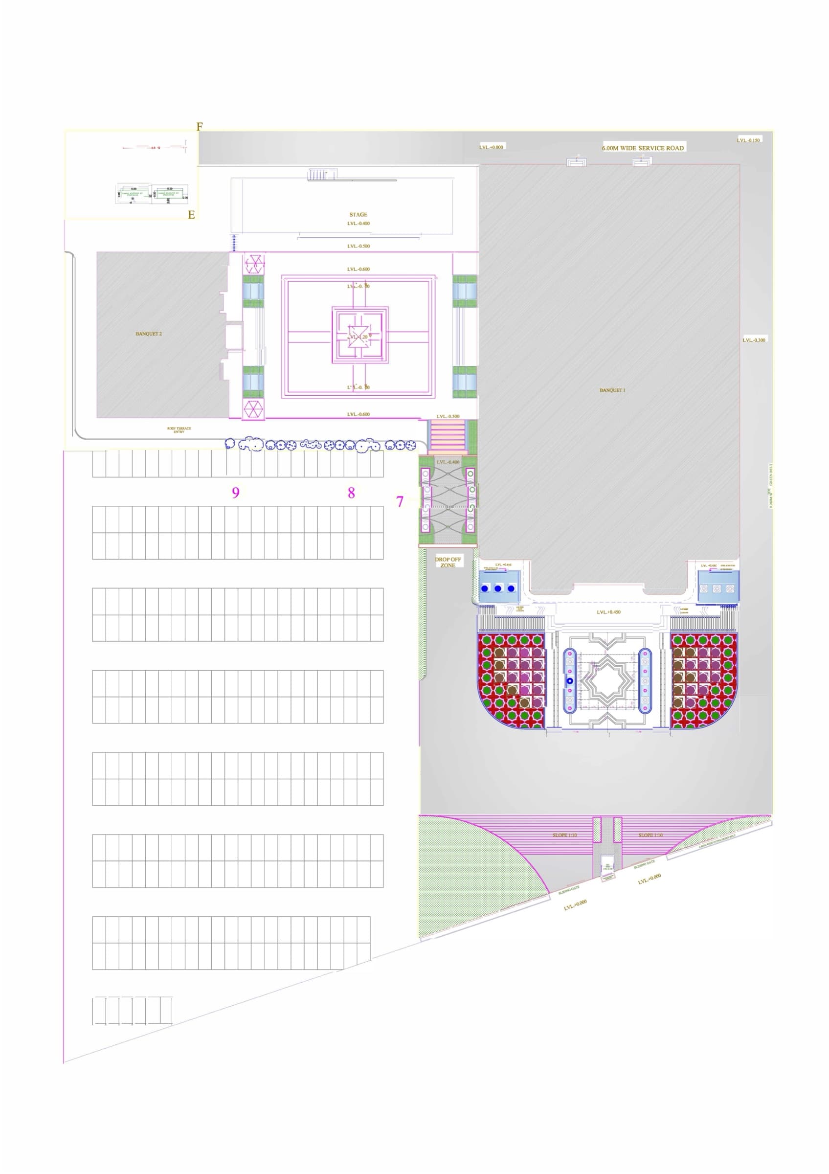 Site plan of The Emerald showing two banquet halls, a central stage, and parking